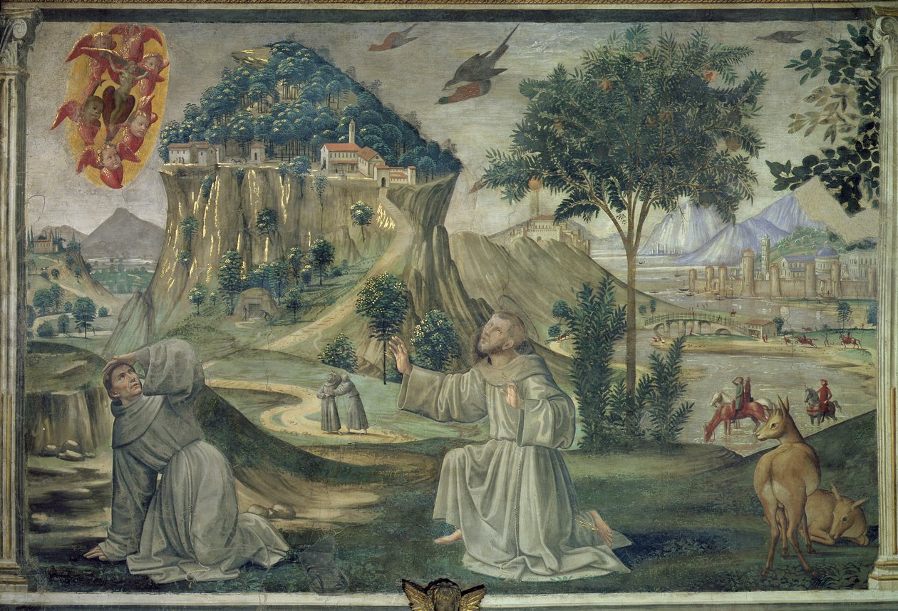 Der heilige Franziskus empfängt die Stigmata, Szene aus einem Zyklus des Lebens des heiligen Franziskus von Assisi, 1486 von Domenico Ghirlandaio