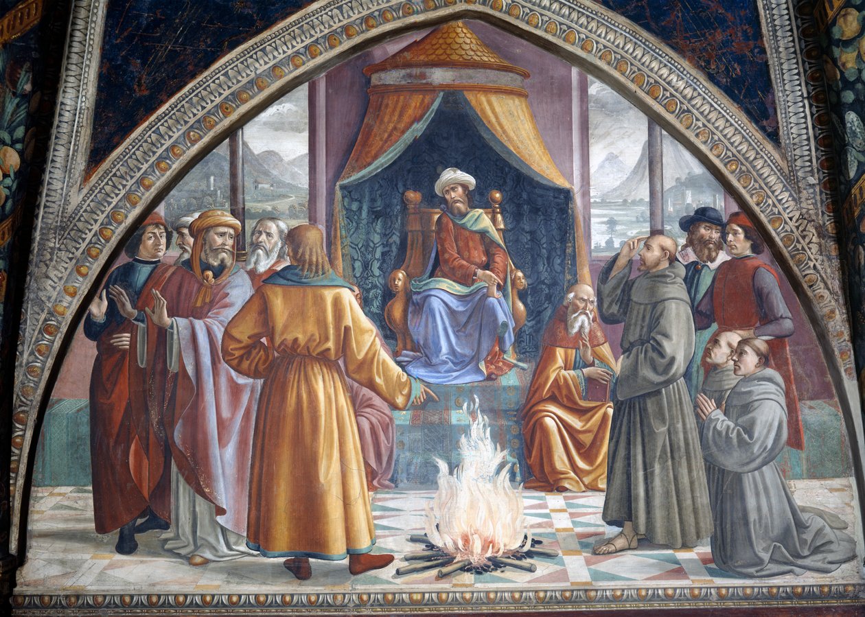 Die Feuerprobe, St. Franziskus vor dem Sultan von Ägypten, Szene aus einem Zyklus des Lebens von St. Franziskus von Assisi, 1486 von Domenico Ghirlandaio