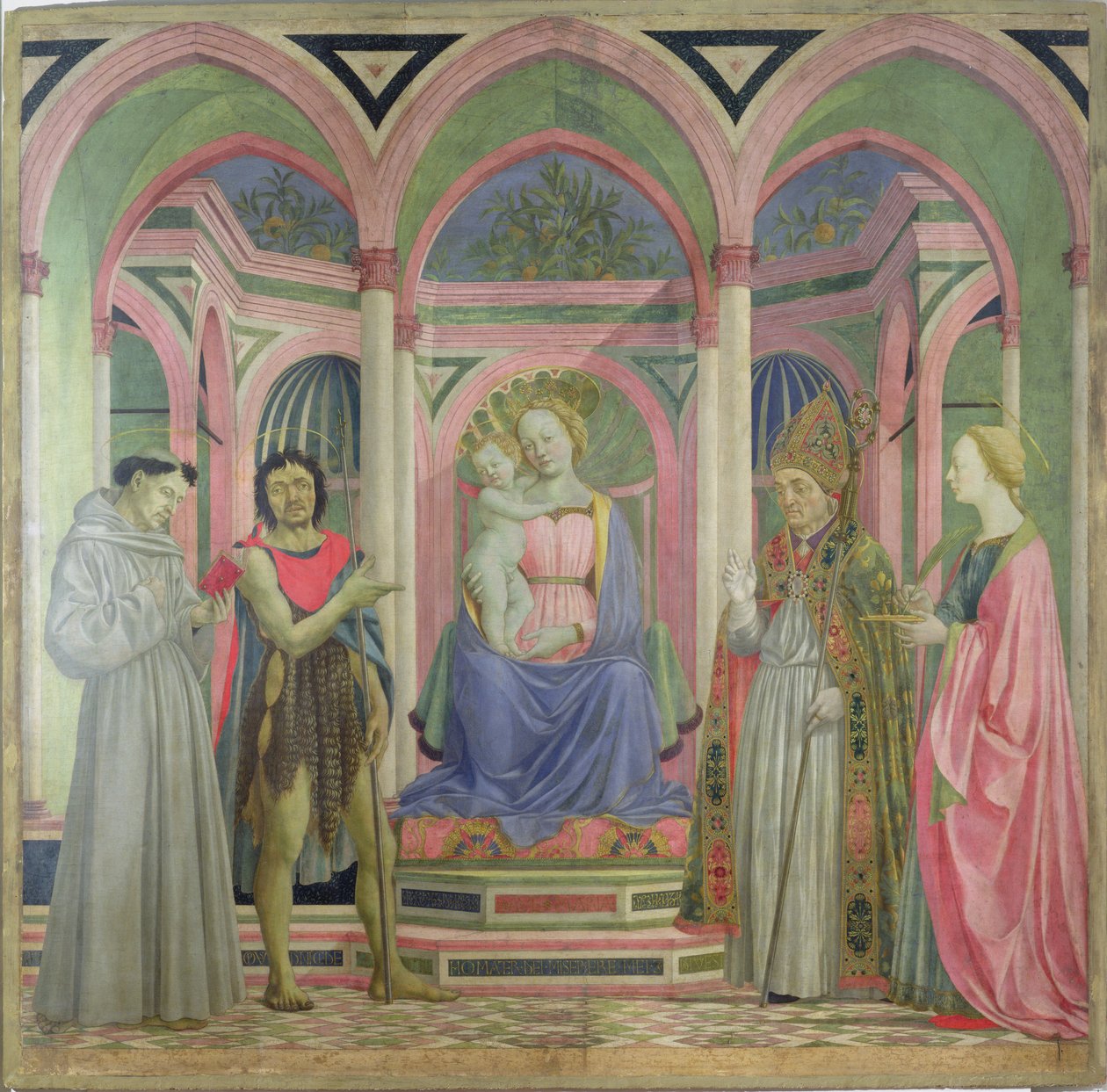 Jungfrau und Kind flankiert von St. Lucia, St. Nikolaus, St. Johannes der Täufer und St. Franziskus, ca. 1445-47 von Domenico Veneziano