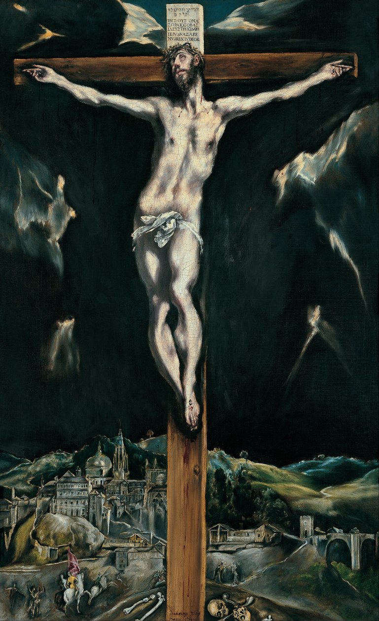 Christus gekreuzigt mit Toledo im Hintergrund von El Greco