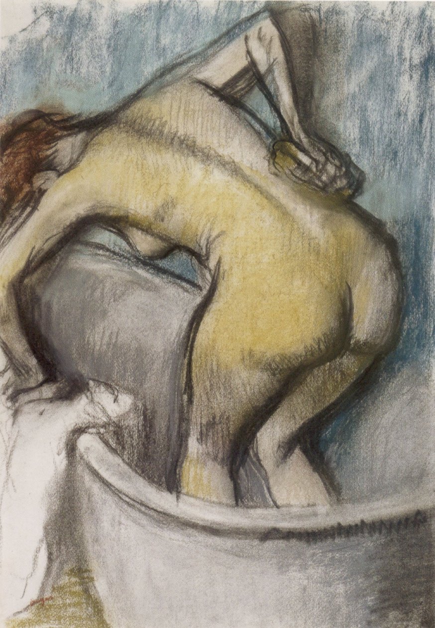 Die Badende - Frau stützt ihren Rücken, Pastell auf Papier, ca. 1887 von Edgar Degas