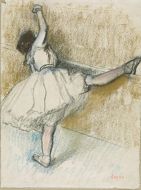 Tänzerin dehnt sich an der Stange von Edgar Degas