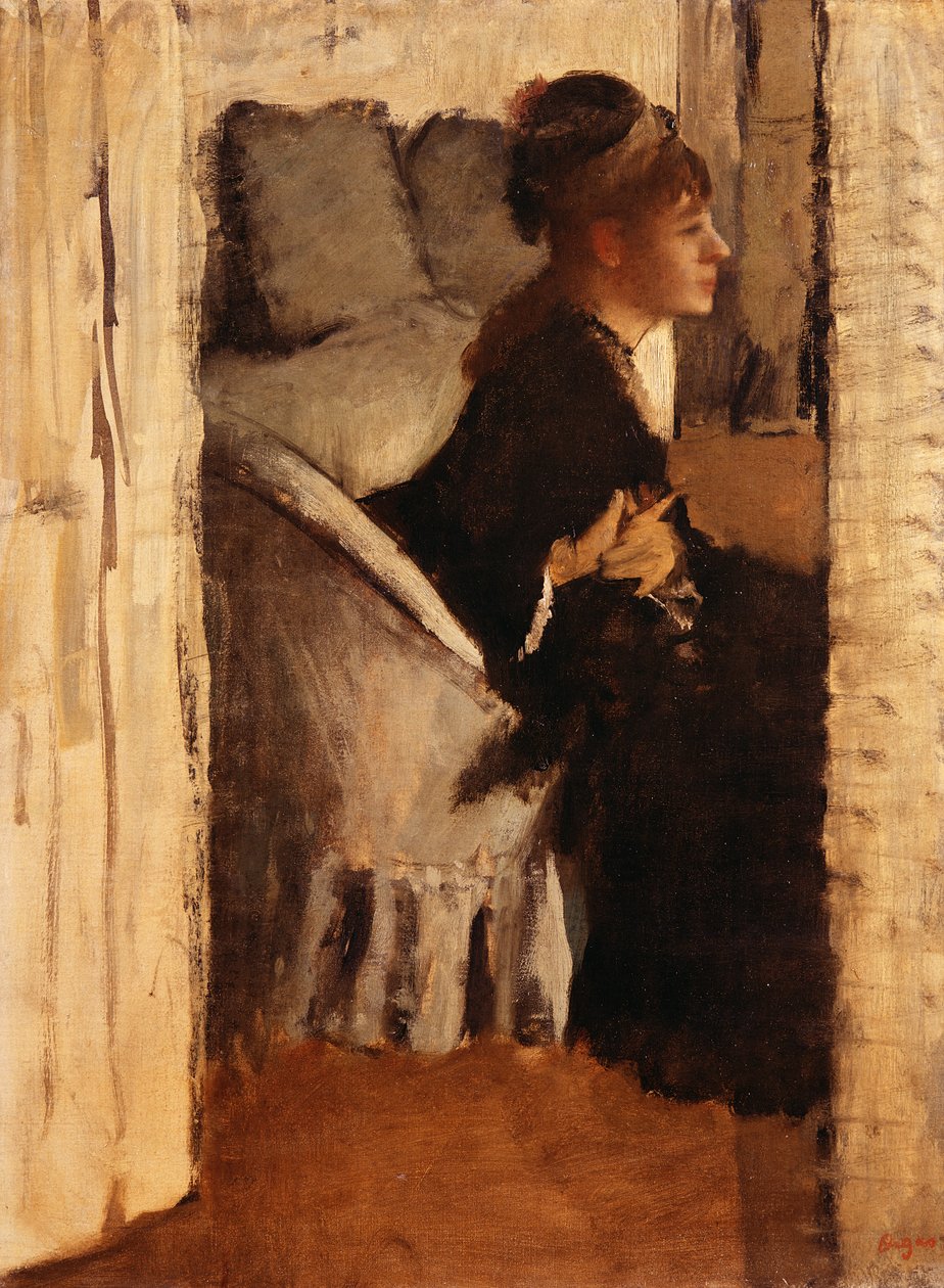 Frau zieht Handschuhe an von Edgar Degas