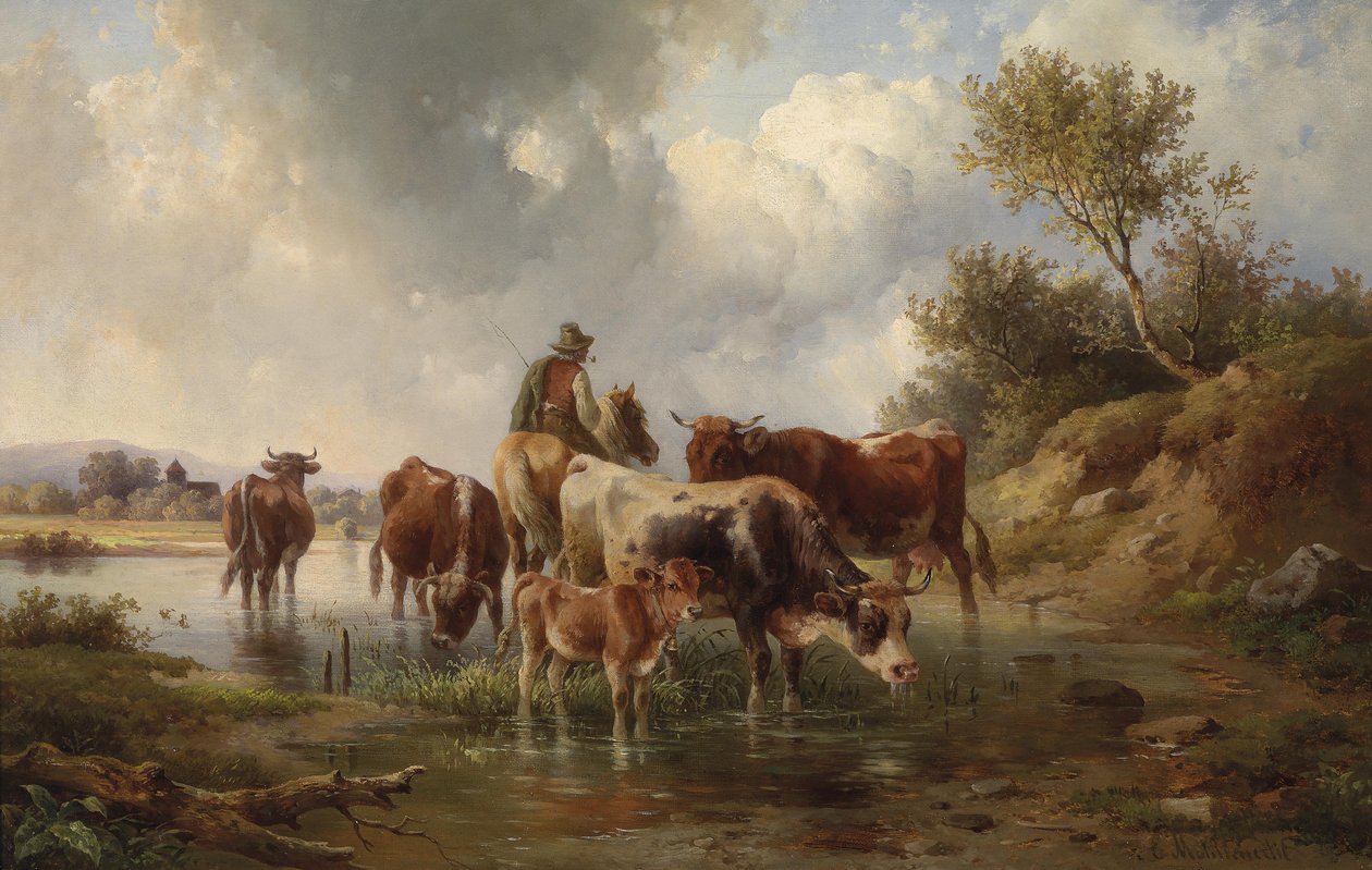 Kühe mit Hirten an der Furt von Edmund Mahlknecht