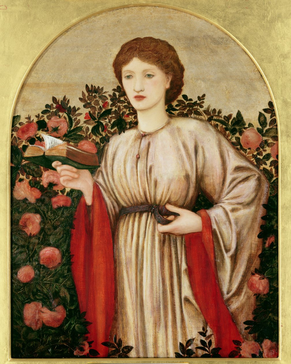 Mädchen mit Buch und Rosen im Hintergrund von Edward Burne Jones
