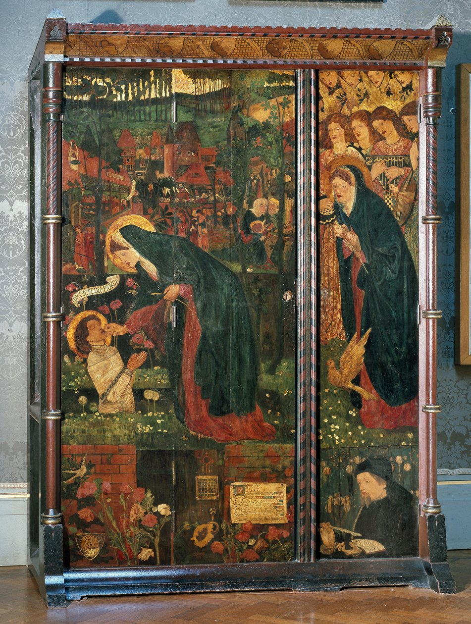 Die Geschichte der Priorin, dekorierter Kleiderschrank, entworfen von Philip Webb (1831-1915), 1859 von Edward Burne Jones