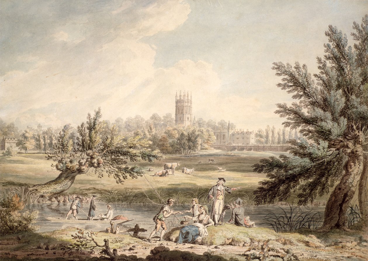 Magdalen College, Oxford, Blick vom Cherwell nach Nordwesten, 1791-92 von Edward Dayes