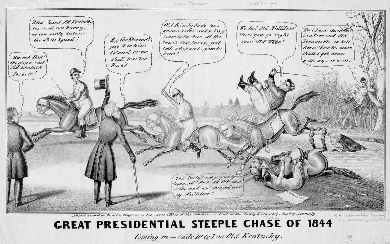 Großes Präsidenten-Hindernisrennen von 1844: das Ziel erreichen - Chancen 10-1 auf Old Kentucky, veröffentlicht von A Donnelly, New York, 1844 von Edward Williams Clay