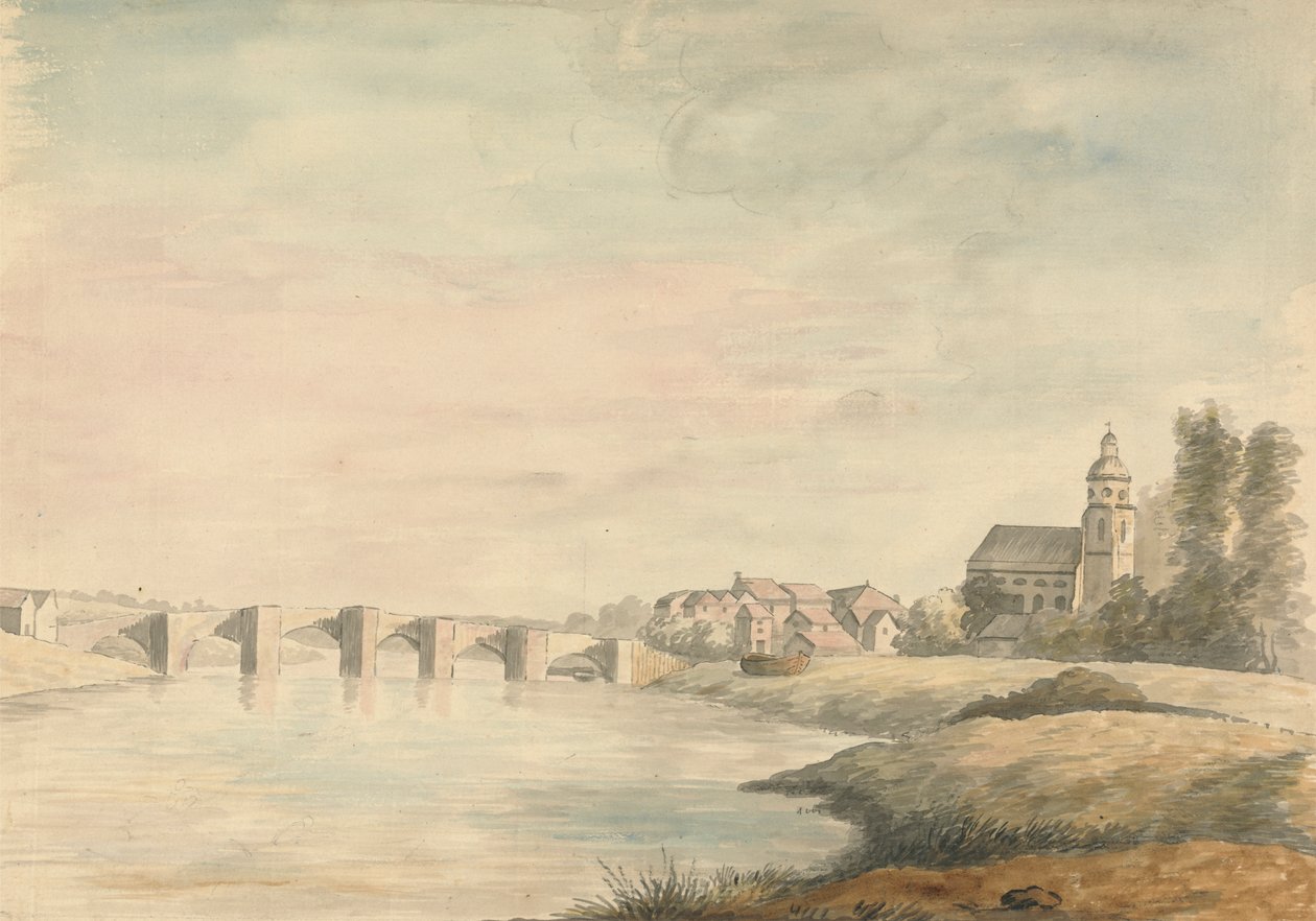 Flusslandschaft mit Brücke von Edward Francis Burney