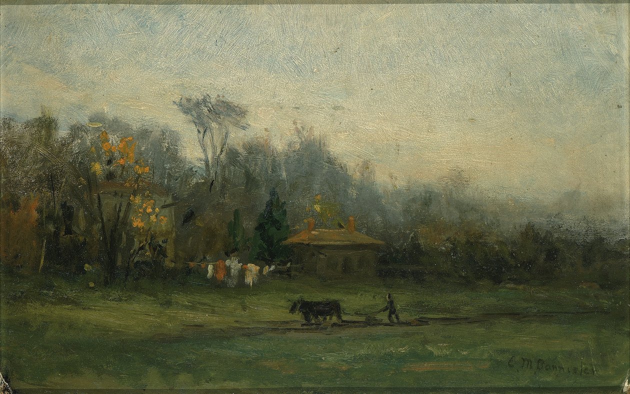 Ohne Titel (Landschaft mit Mann, der Felder pflügt) von Edward Mitchell Bannister