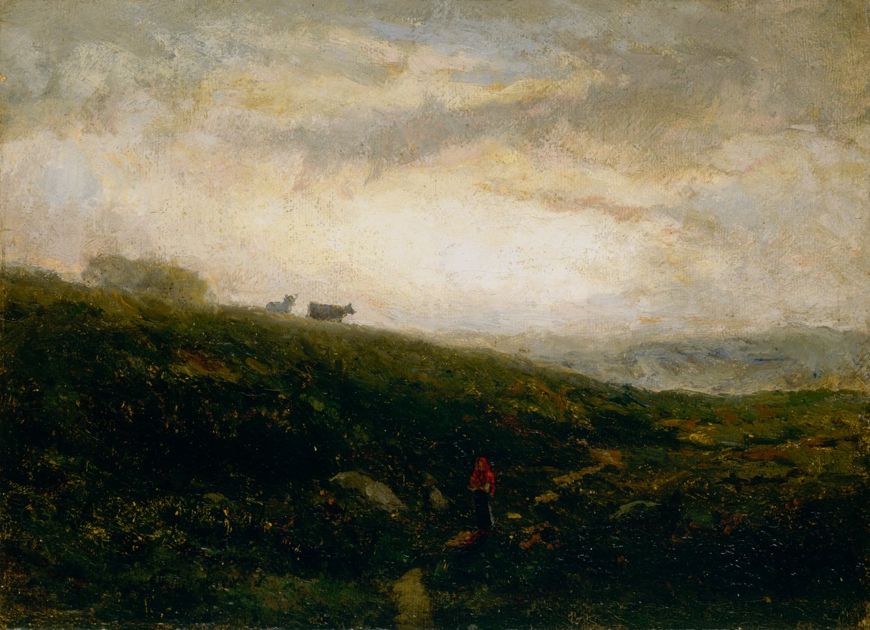 Ohne Titel, Kühe steigen einen Hügel hinab, 1881 von Edward Mitchell Bannister