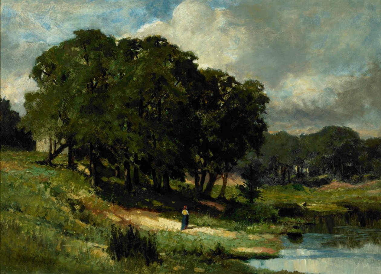 Frau steht in der Nähe eines Teiches von Edward Mitchell Bannister