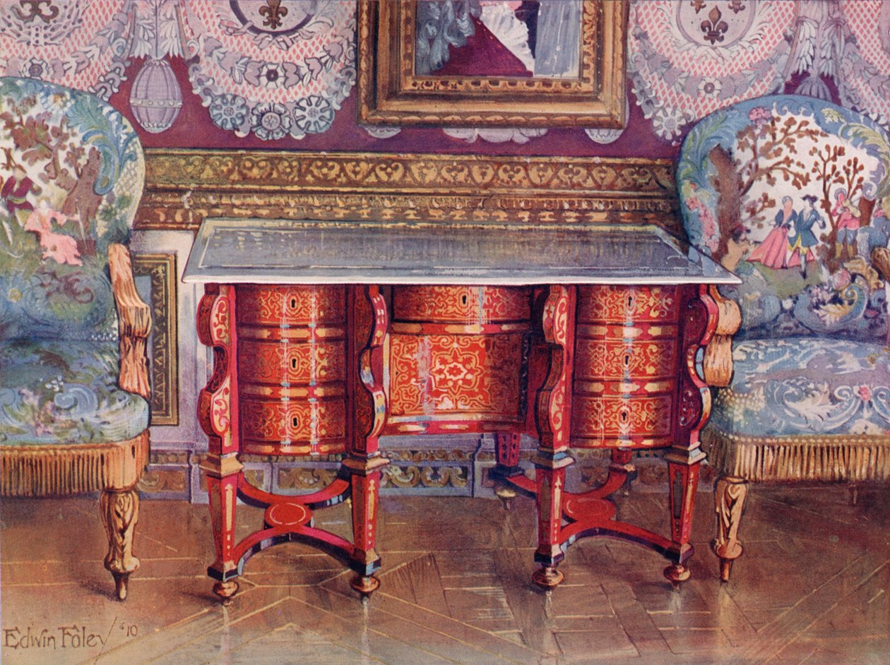 Schreibtisch mit Knieausschnitt in rotem Schildpatt und Lackstahlplatte. Boulle. Vergoldete Fauteuils, gepolstert in Tapisserie von Edwin John Foley