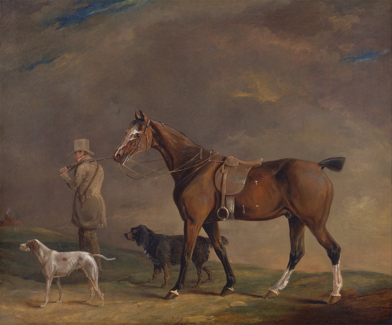 Ein Sportsmann mit Schusspferd und Jagdhunden von Edwin W. Cooper