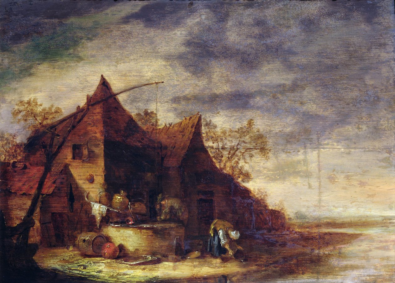 Frau vor einem Cottage von Egbert van der Poel