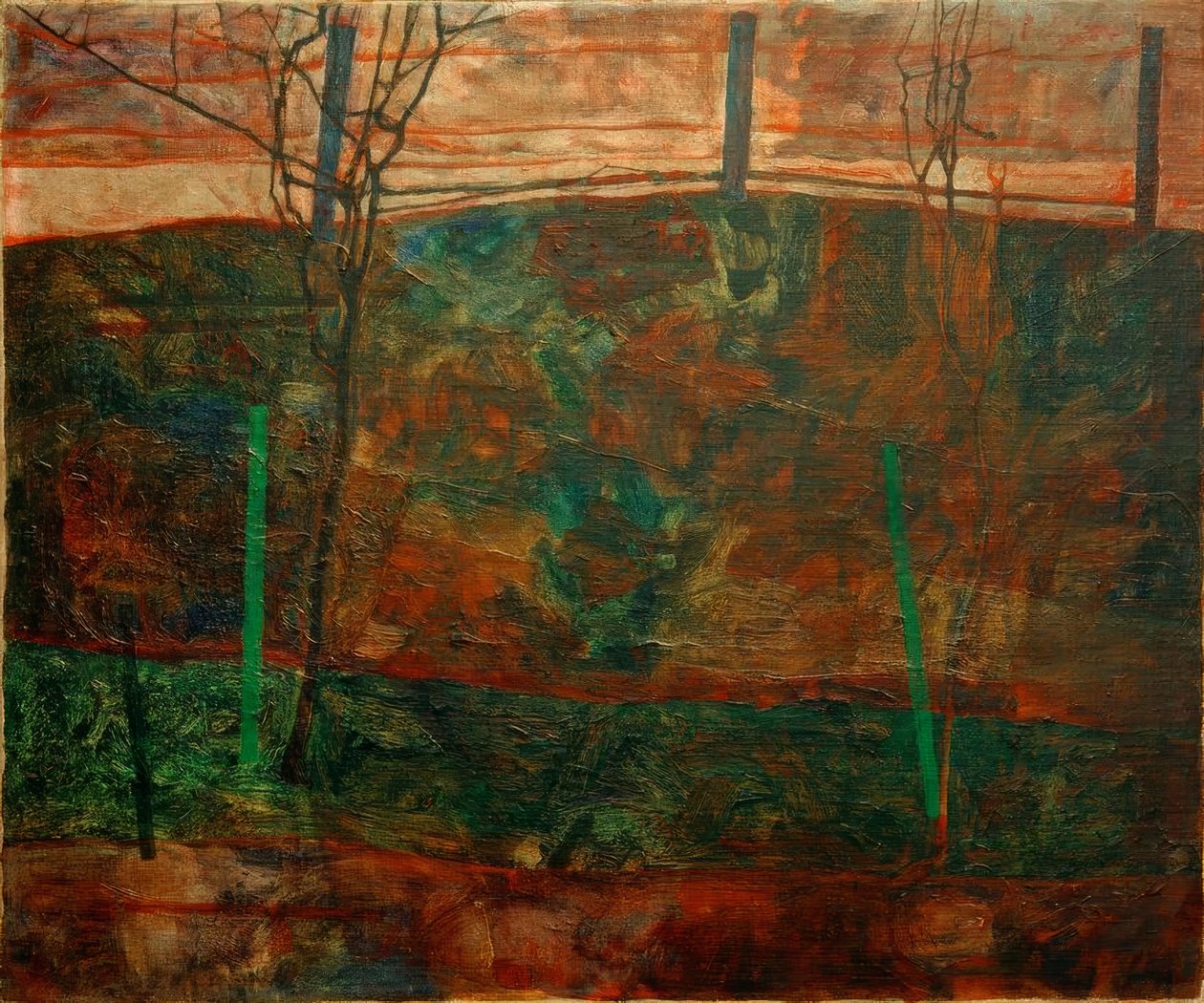 Landschaft mit rotem Himmel von Egon Schiele