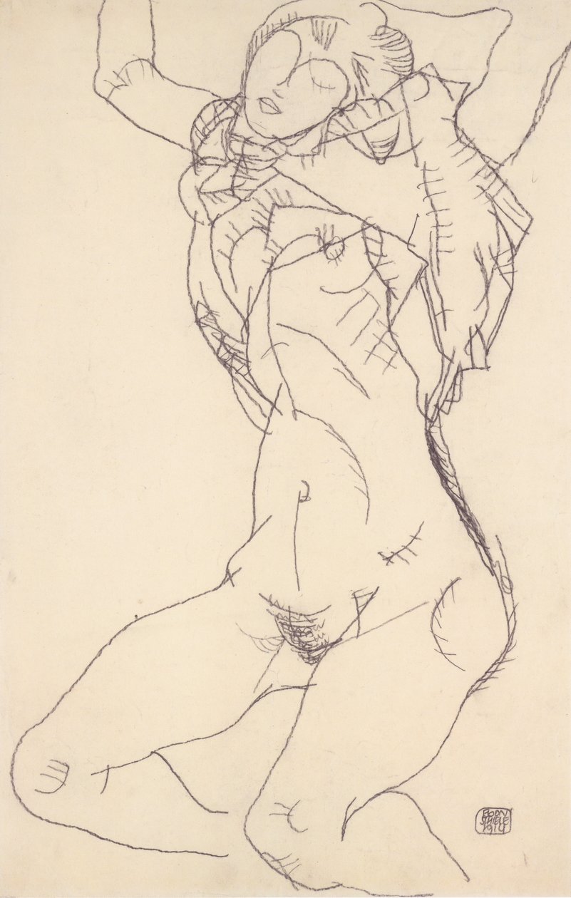 Liegender Halbtakt mit erhobenen Armen von Egon Schiele