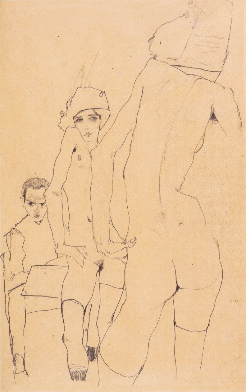 Schiele mit Aktmodell vor dem Spiegel von Egon Schiele