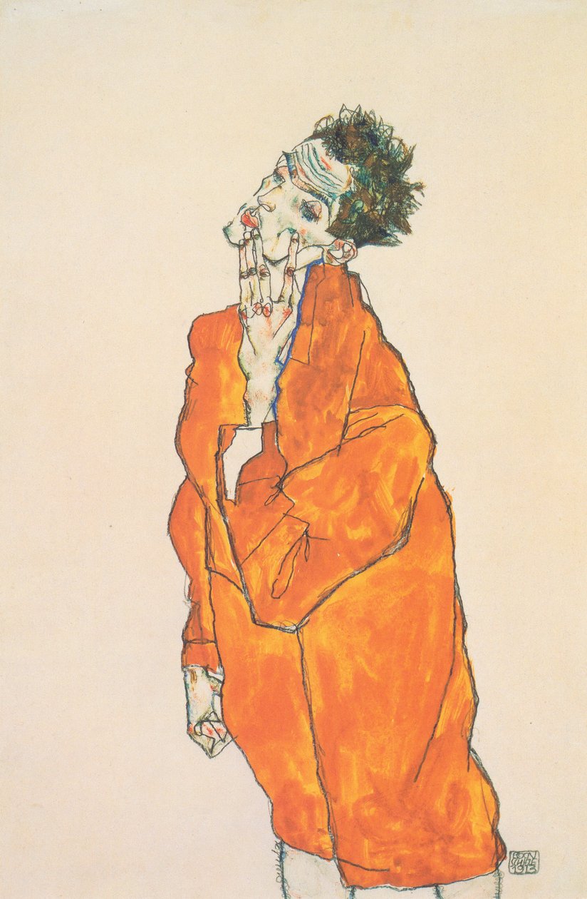 Selbstbildnis in oranger Jacke von Egon Schiele