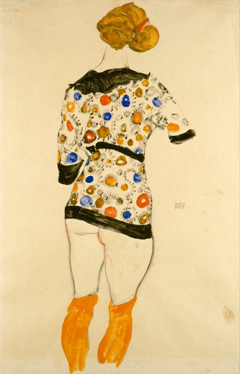 Stehende Frau in einer gemusterten Bluse von Egon Schiele