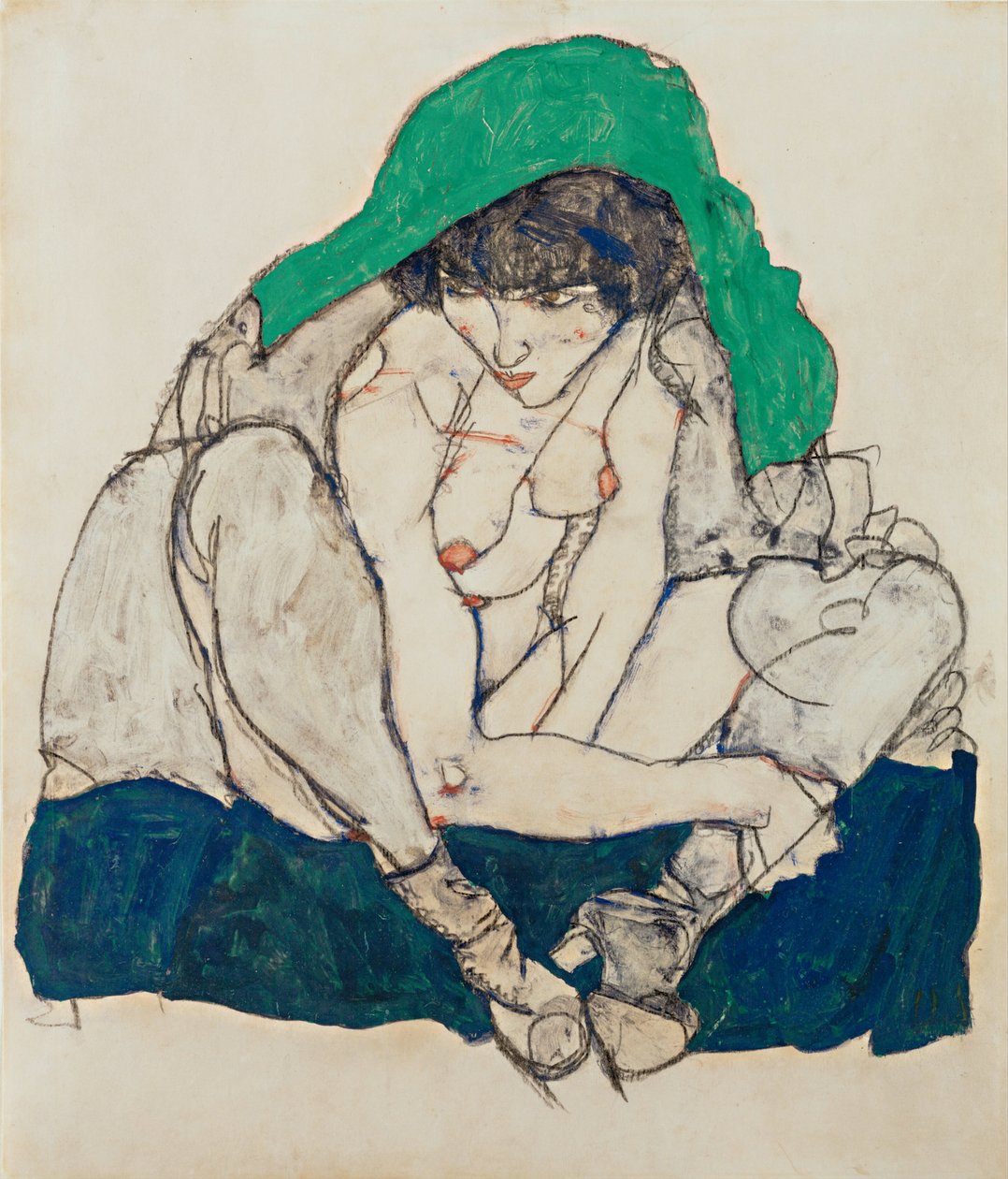 Kauernde Frau mit grünem Kopftuch, 1914 von Egon Schiele