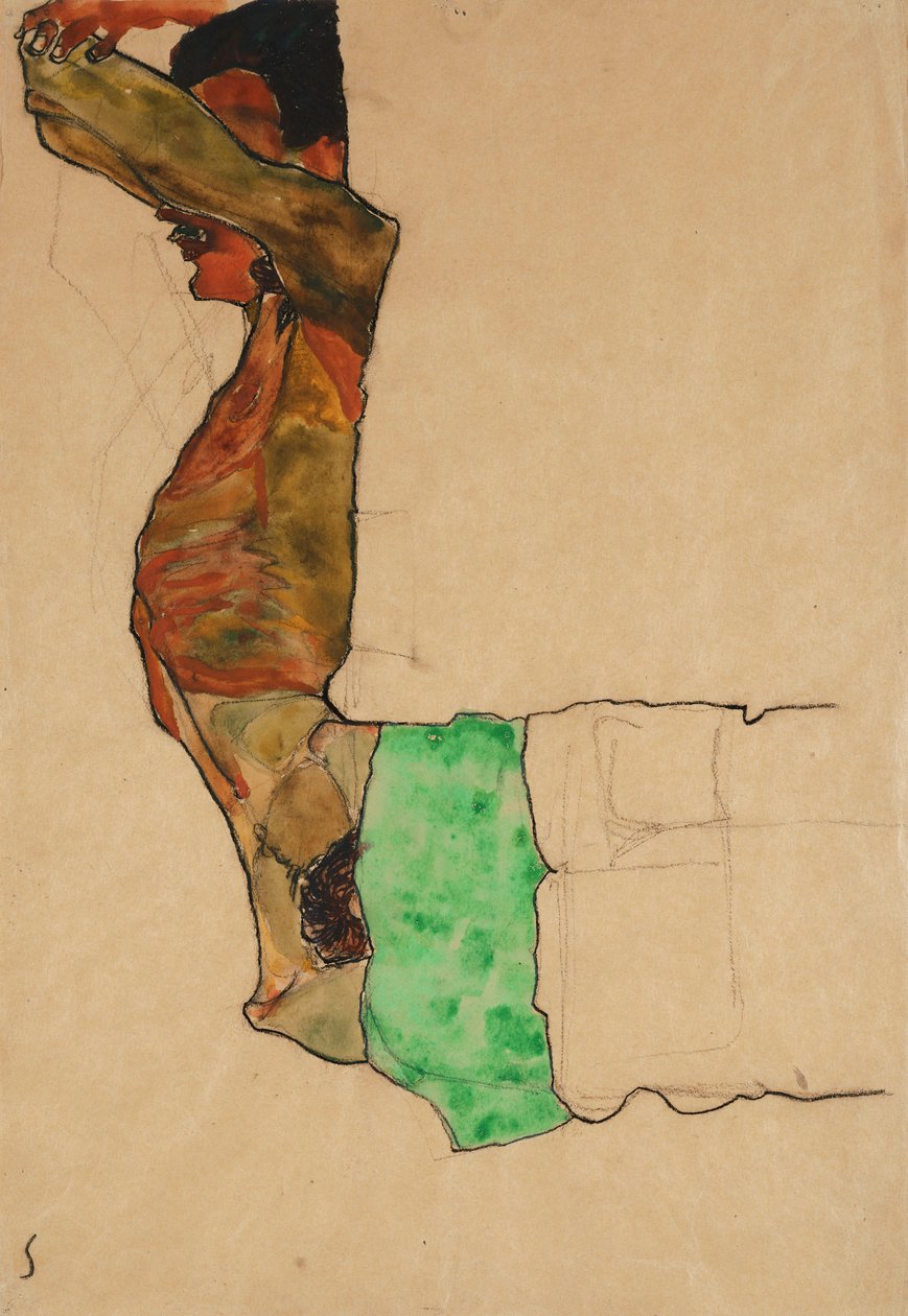 Liegender männlicher Akt mit grünem Tuch von Egon Schiele