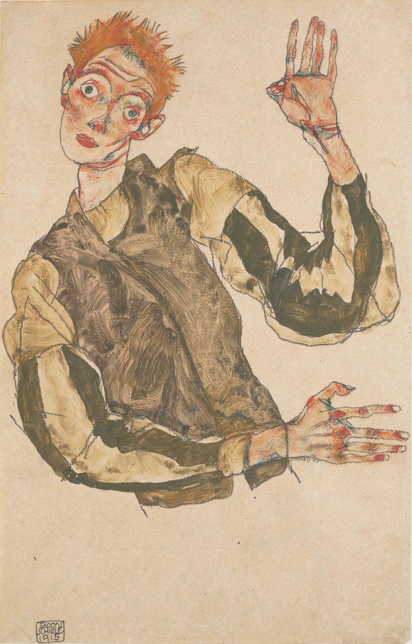 Selbstporträt mit gestreiften Armstulpen von Egon Schiele