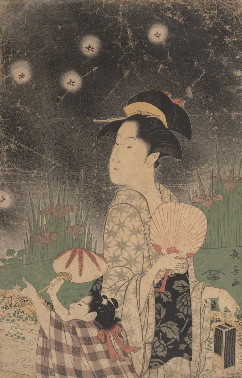Frau und Kind fangen Glühwürmchen, ca. 1793 von Eishōsai Chōki