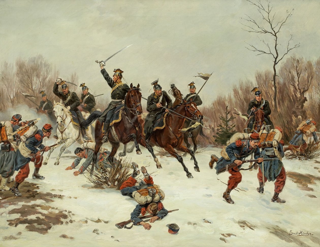Gefechte zwischen preußischen Ulanen und französischen Infanteriesoldaten von Emil Hünten