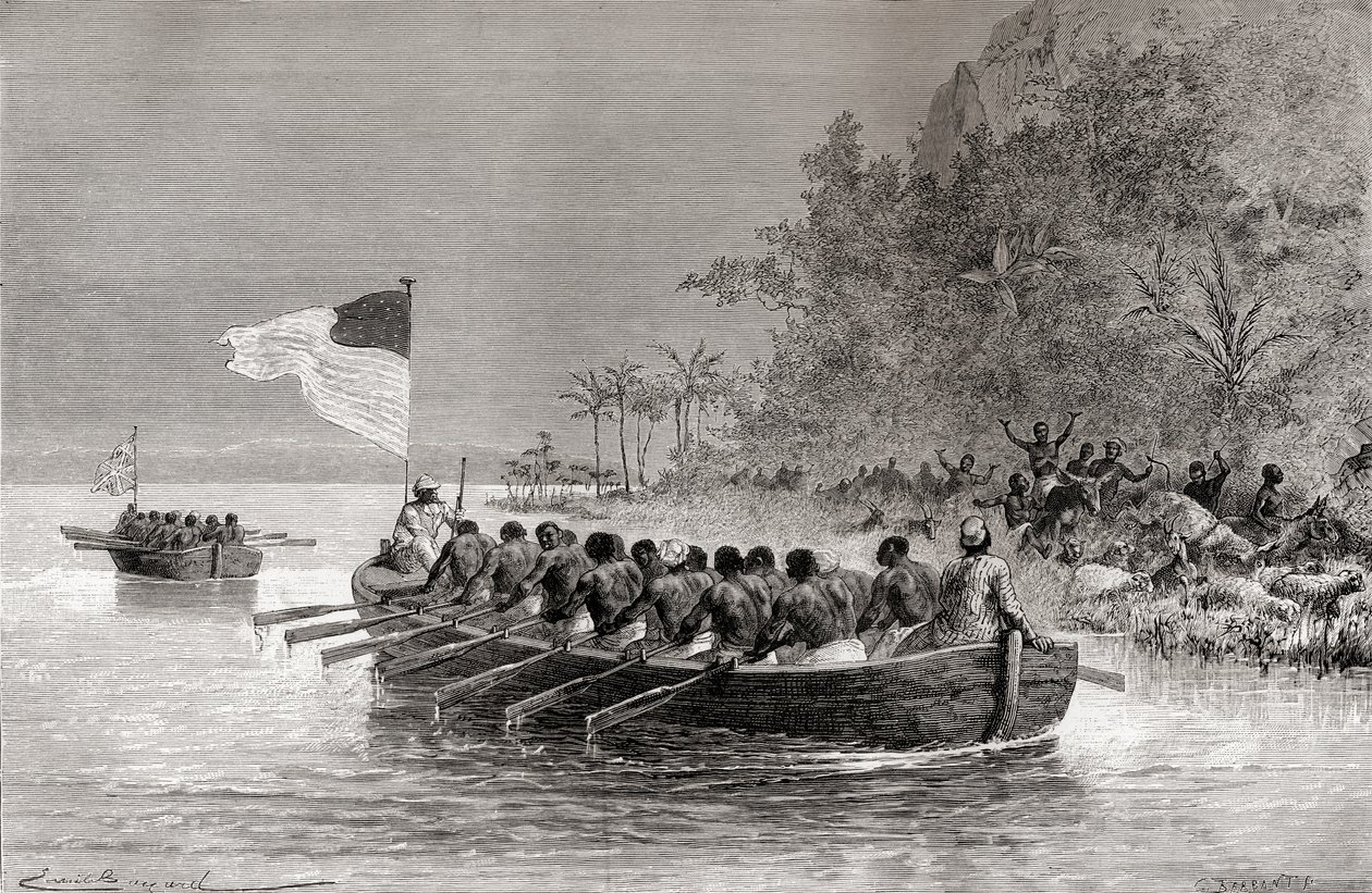 Dr. David Livingstone im ersten Boot, mit der englischen Flagge, und Henry Morton Stanley im zweiten Boot, mit der amerikanischen Flagge, während ihrer Expedition in Afrika im Jahr 1872, Illustration aus 