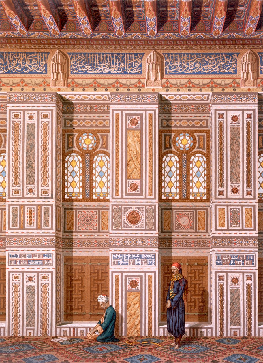 Kairo: Innenraum der Moschee von Qaitbay; Gläubige beten an der Seitenwand des Mihrab, 15. Jahrhundert, 19. Jahrhundert von Emile Prisse d