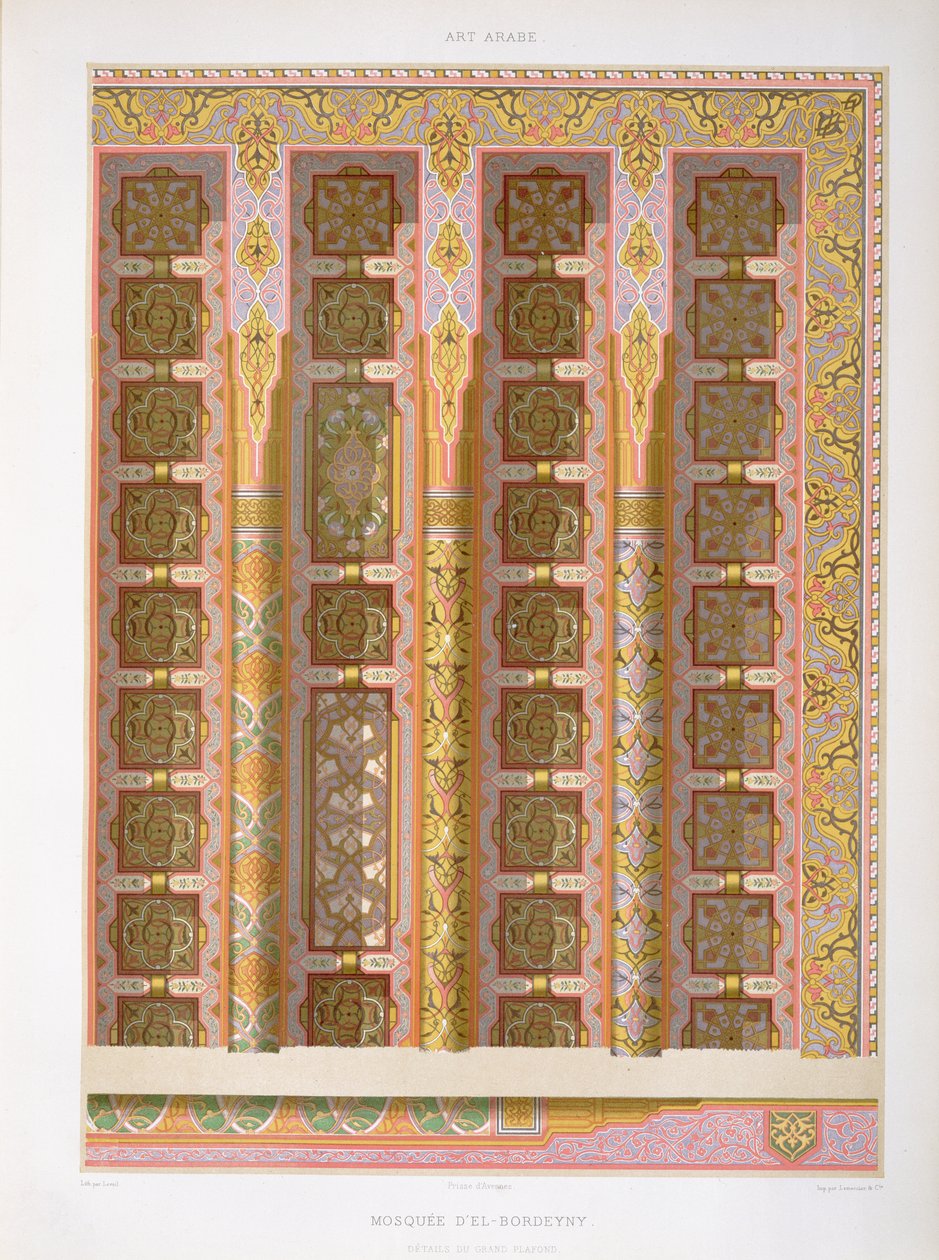 Detail der großen Decke aus der Moschee von El-Bordeyny, aus Arabische Kunst durch die Denkmäler von Kairo vom 7. Jahrhundert bis zum Ende des 18. Jahrhunderts, graviert von Jean Arnould Leveil von Emile Prisse dAvennes