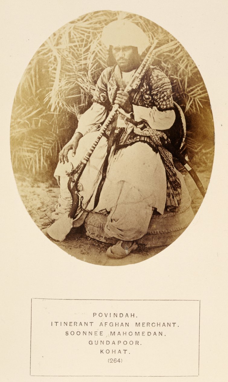 Povindah, wandernder afghanischer Händler, Soonnee-Mohammedaner in Gundapoor, Kohat, aus The People of India, von J. Forbes Watson, veröffentlicht 1868 von English Photographer