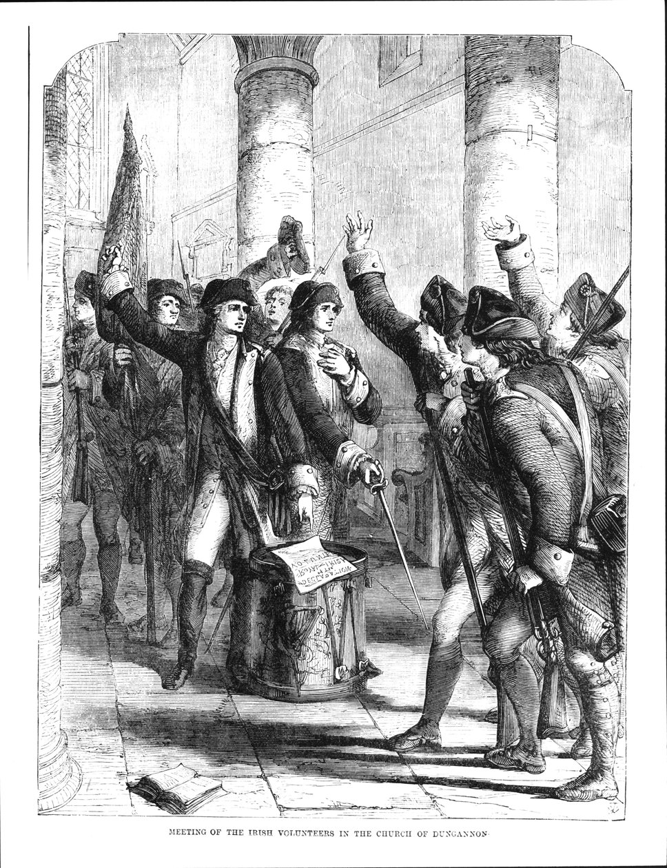 Ein Treffen der irischen Freiwilligen in der Kirche von Dungannon, 1784 von English School
