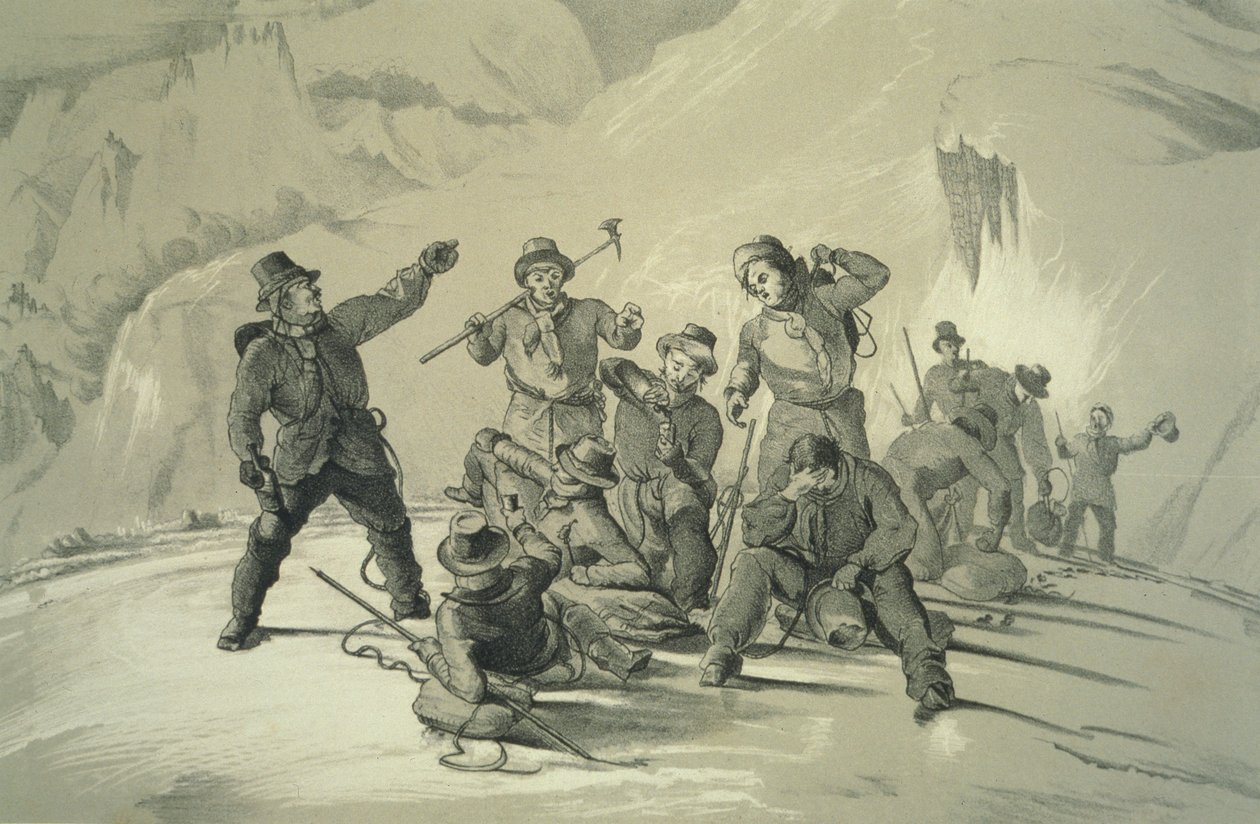 Eine Pause zur Erfrischung, aus Zehn Szenen beim letzten Aufstieg auf den Mont Blanc, einschließlich fünf Ansichten vom Gipfel, von J.D.H. Browne, veröffentlicht 1853 von English School