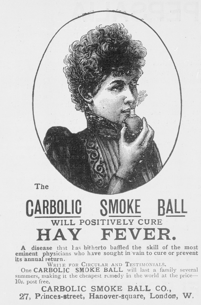Werbung für die Carbolic Smoke Ball, ein Heilmittel gegen Heuschnupfen von English School