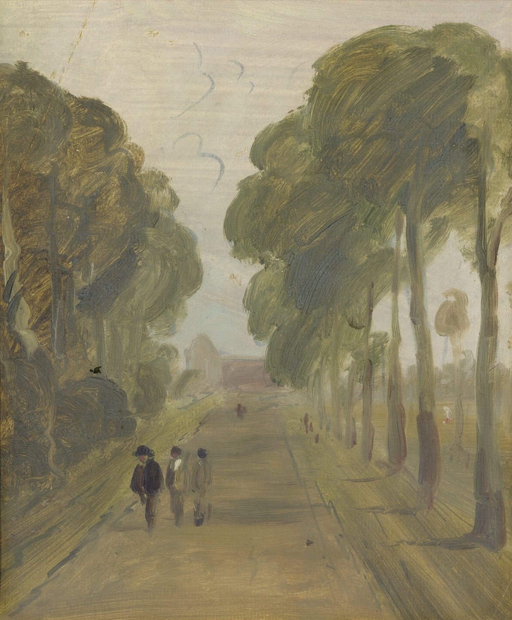 Allee von Bäumen mit Figuren, zuvor J.M.W. Turner (1775-1851) zugeschrieben und auch Peter de Wint (1784-1849) zugeschrieben, 1805-10 (Öl auf Papier) von English School