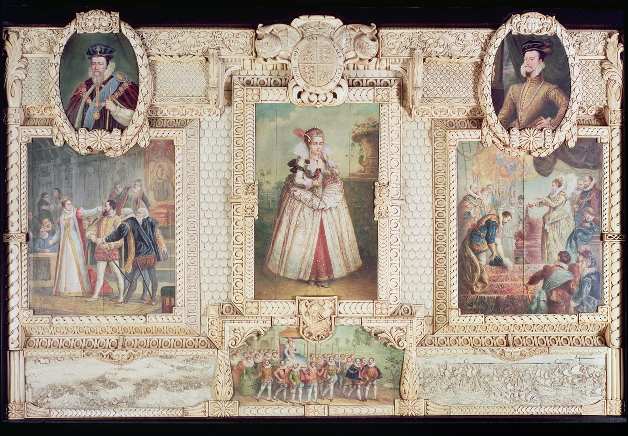 Sammlung von sechs Miniaturen, die Königin Elizabeth I., Figuren und Szenen aus ihrem Leben darstellen von English School