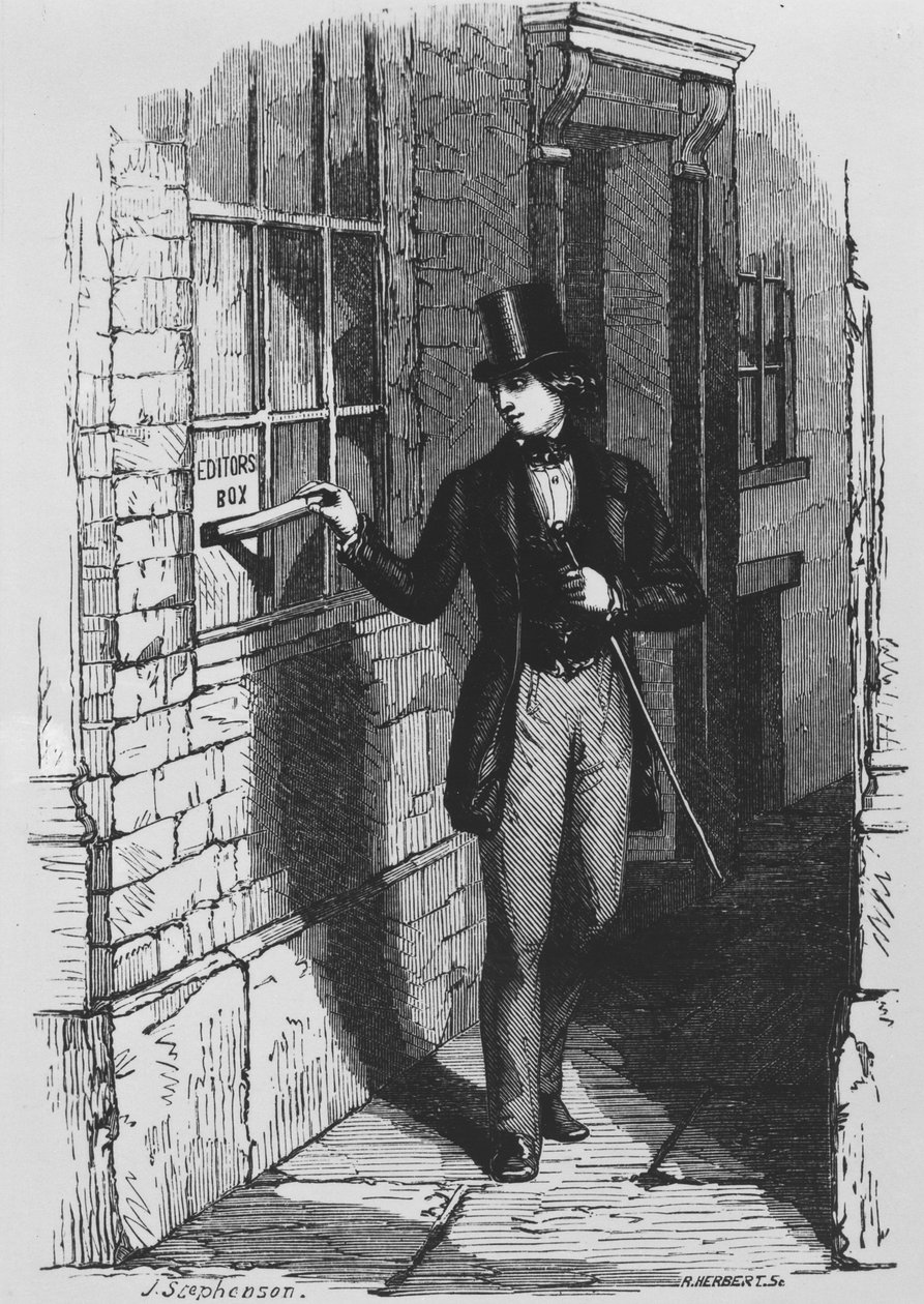 Dickens legt seinen ersten literarischen Beitrag in die Redaktionsbox von English School