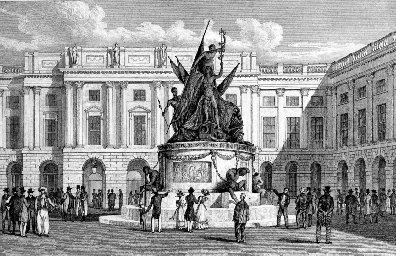 Exchange Buildings und Nelson-Denkmal in Liverpool (graviert von Thomas Dixon) von English School
