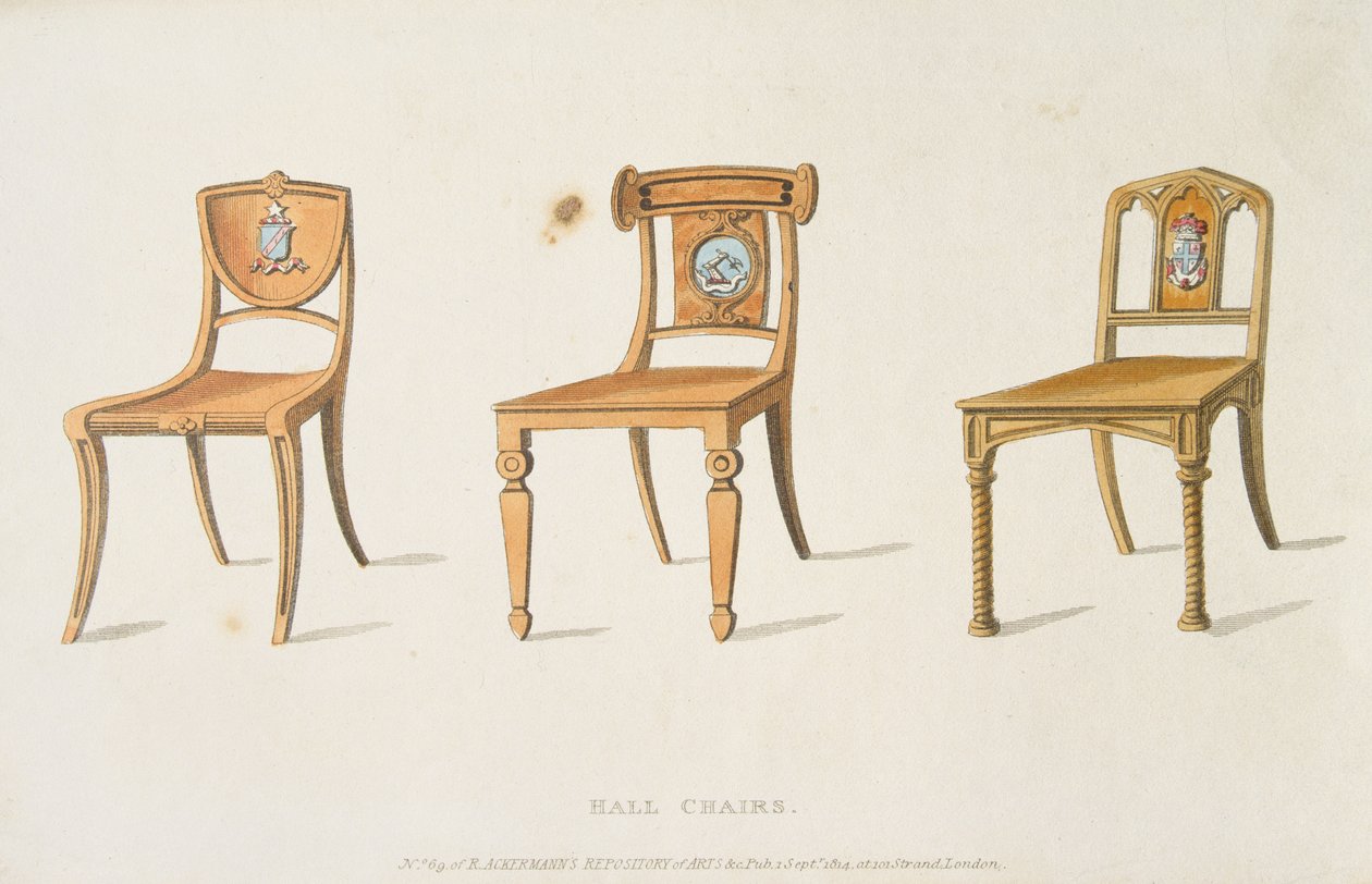 Flurstühle, Tafel 67 aus Ackermanns Repository of Arts, Literatur, Handel, Manufakturen, Mode und Politik, veröffentlicht 1814 von English School