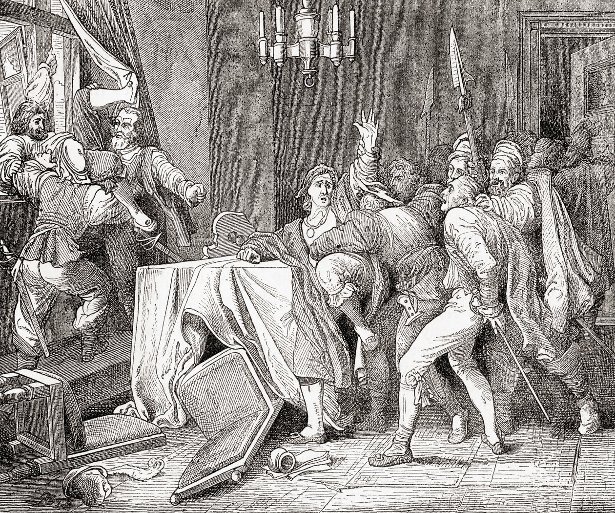 Jaroslav Brita von Martinice und Vilem Slavata von Chlum aus dem Fenster des Palastes in Prag während des Prager Fenstersturzes 1618 geworfen, aus Ward und Locks Illustrierter Geschichte der Welt von English School