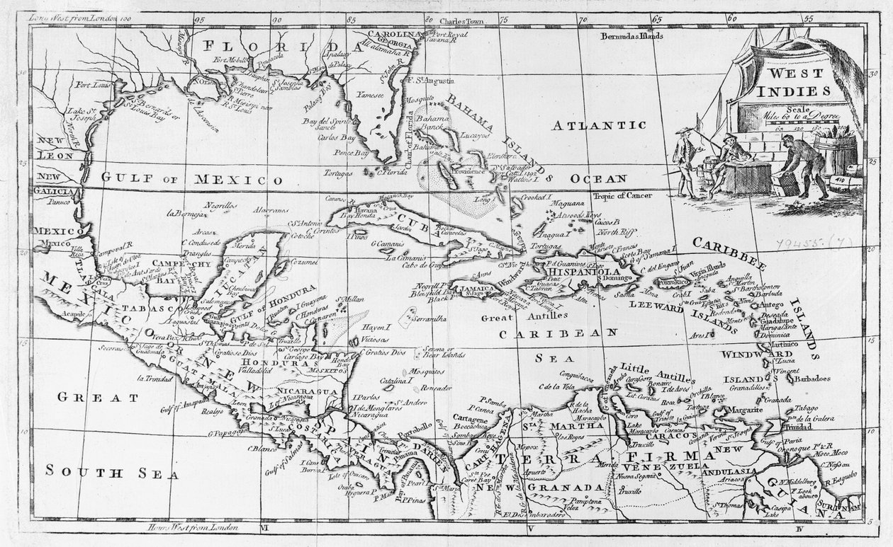 Karte der Westindischen Inseln, Florida und Südamerika von English School