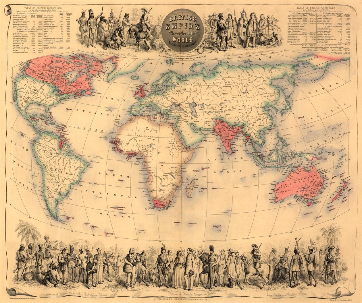 Weltkarte mit den Besitzungen des Britischen Empire in Rot, ca. 1870 von English School