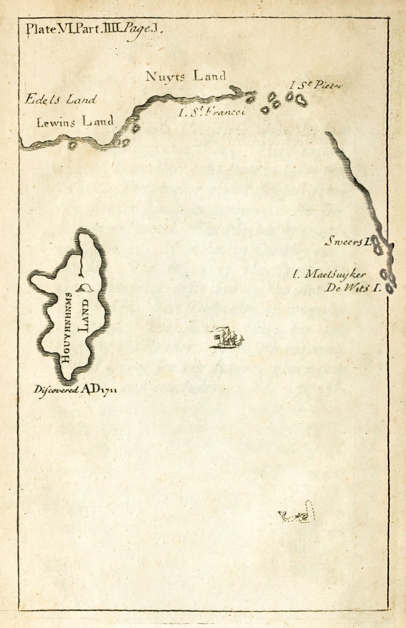 Karte mit dem Standort des Landes der Houyhnhnms aus der ersten Ausgabe von Gullivers Reisen von Jonathan Swift von English School