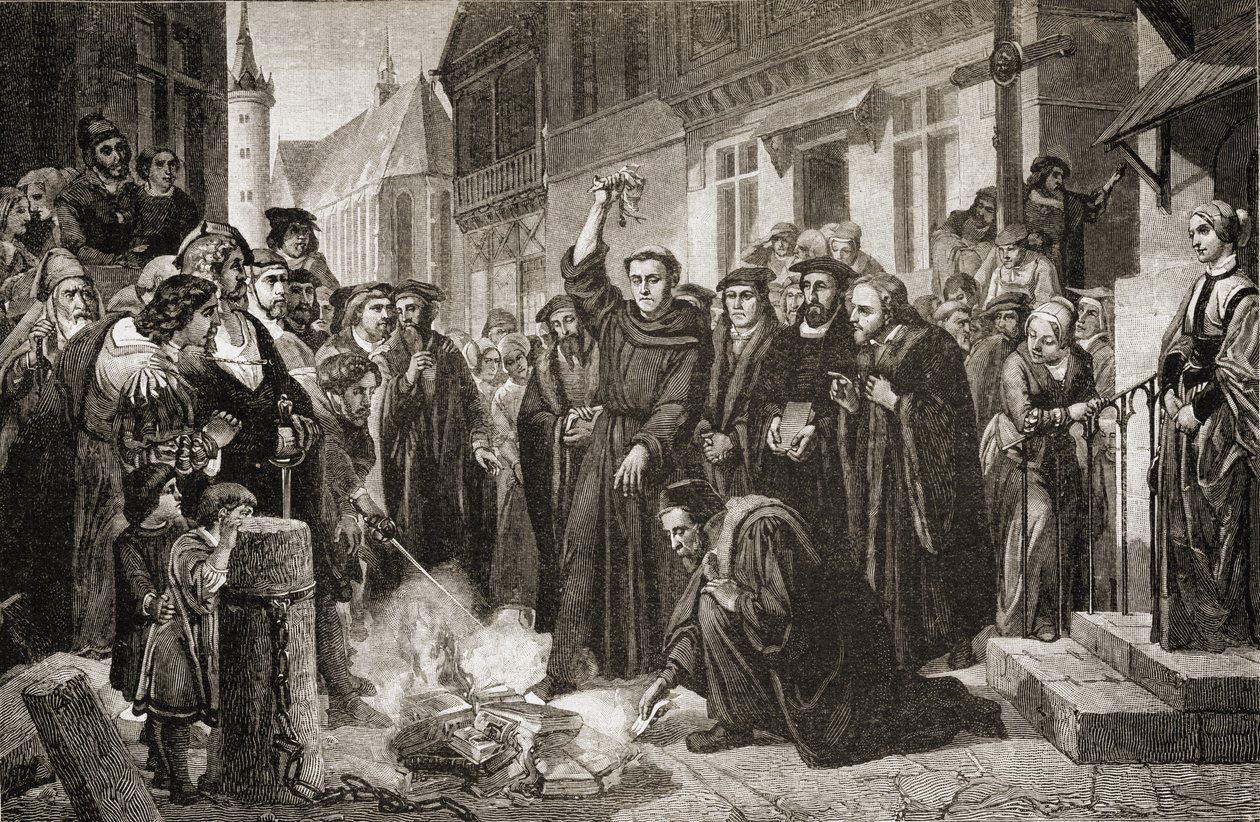 Martin Luther (1483-1556) verbrennt die päpstliche Bulle im Jahr 1520 von English School