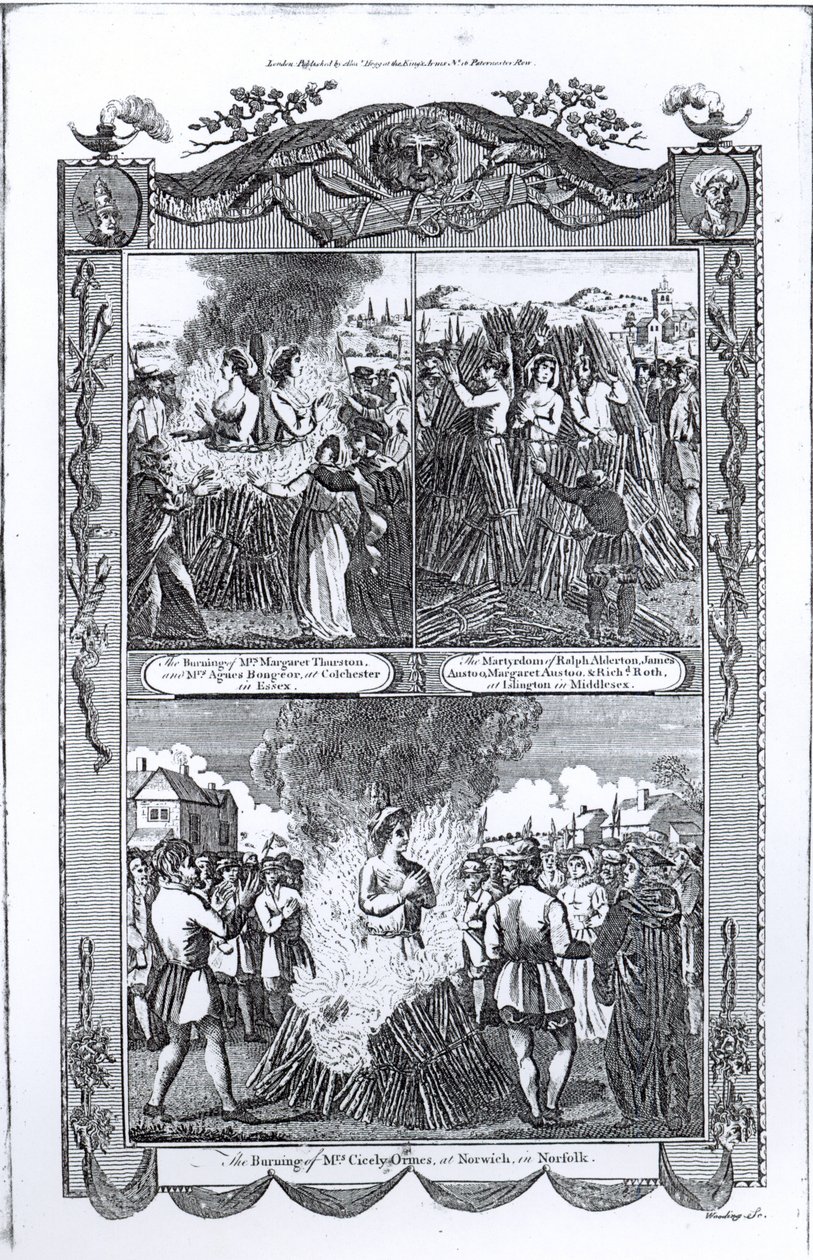 Männer und Frauen auf dem Scheiterhaufen verbrannt im Jahr 1557, aus einer Ausgabe von 
