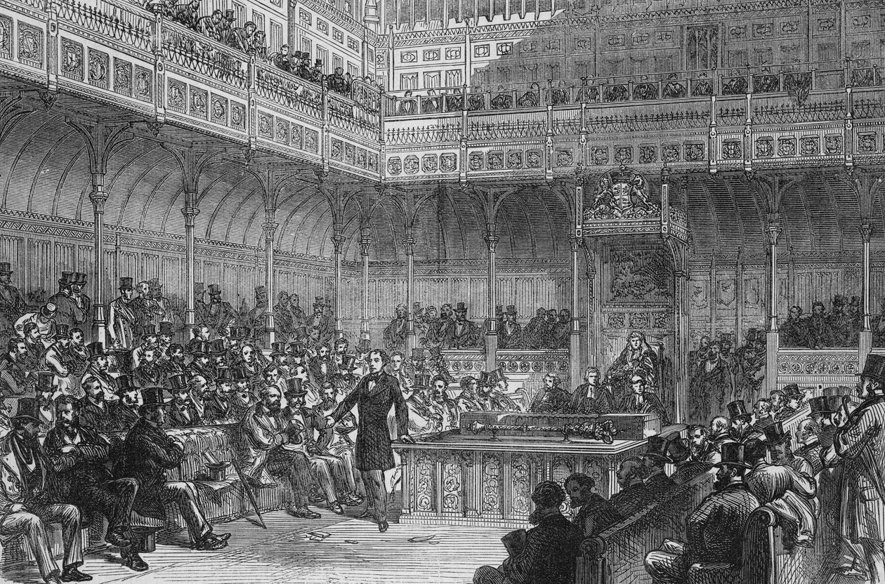 Mr. Disraeli stellt das Reformgesetz 1859 vor von English School