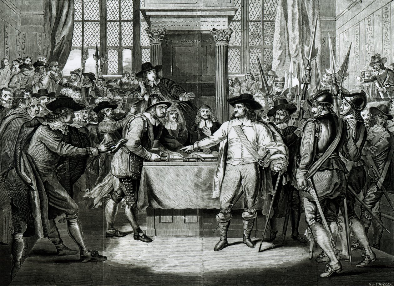 Oliver Cromwell (1599-1658) löst das Lange Parlament 1653 auf von English School