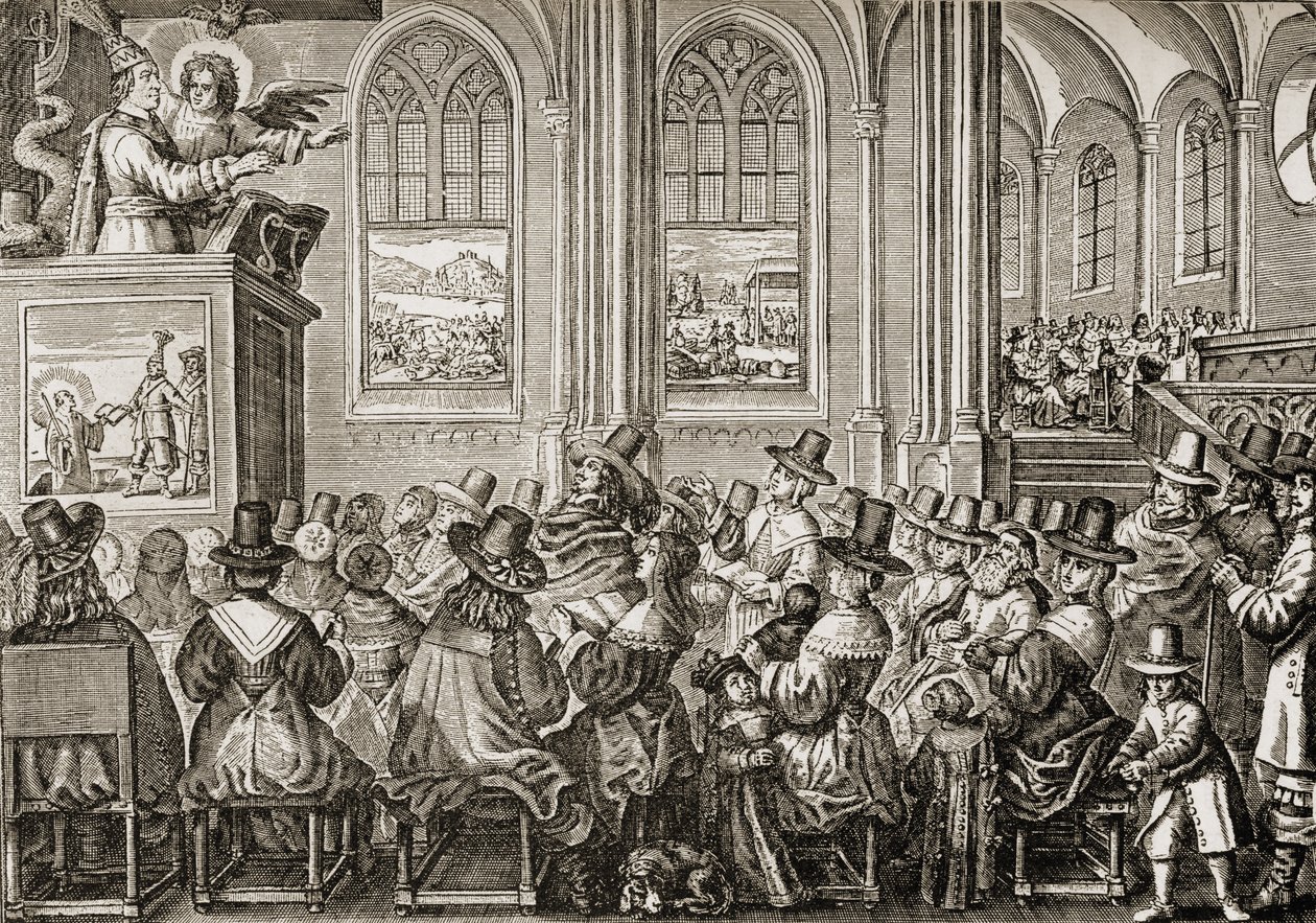 Oliver Cromwell (1599-1658) predigt vor einer puritanischen Gemeinde von English School
